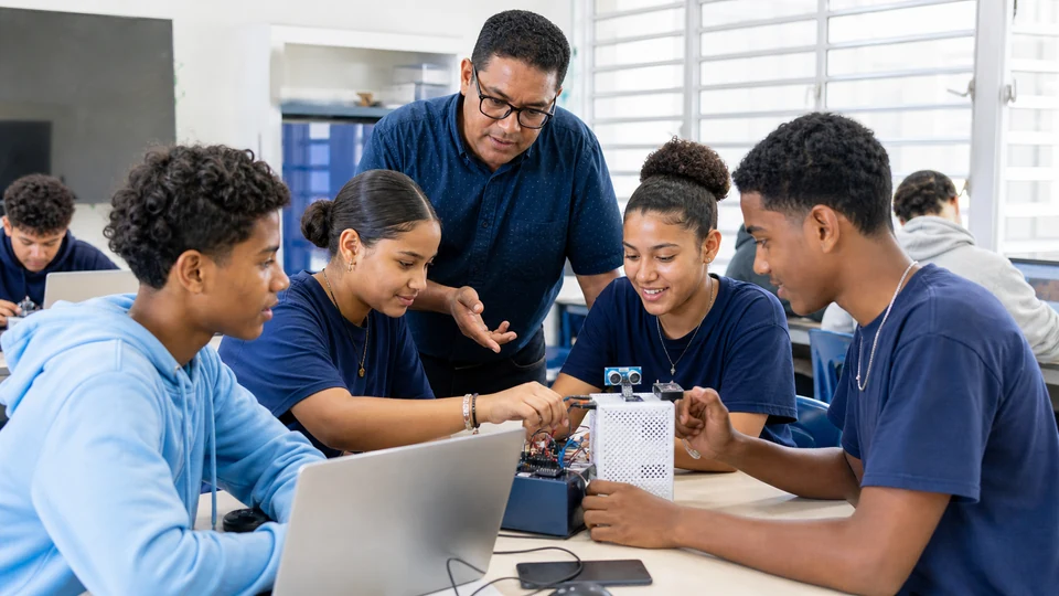 Surinaamse tieners bouwen met hun docent aan een programmeerbaar techniekproject.