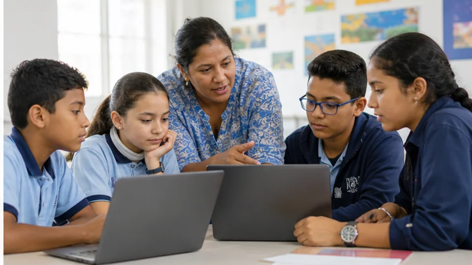 Basisschoolleerlingen vergelijken online informatie en bespreken met hun leerkracht welke bron betrouwbaar is.