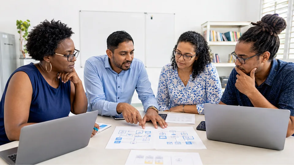 Een docententeam bespreekt leerdoelen voor informatica, programmeren en logisch denken.
