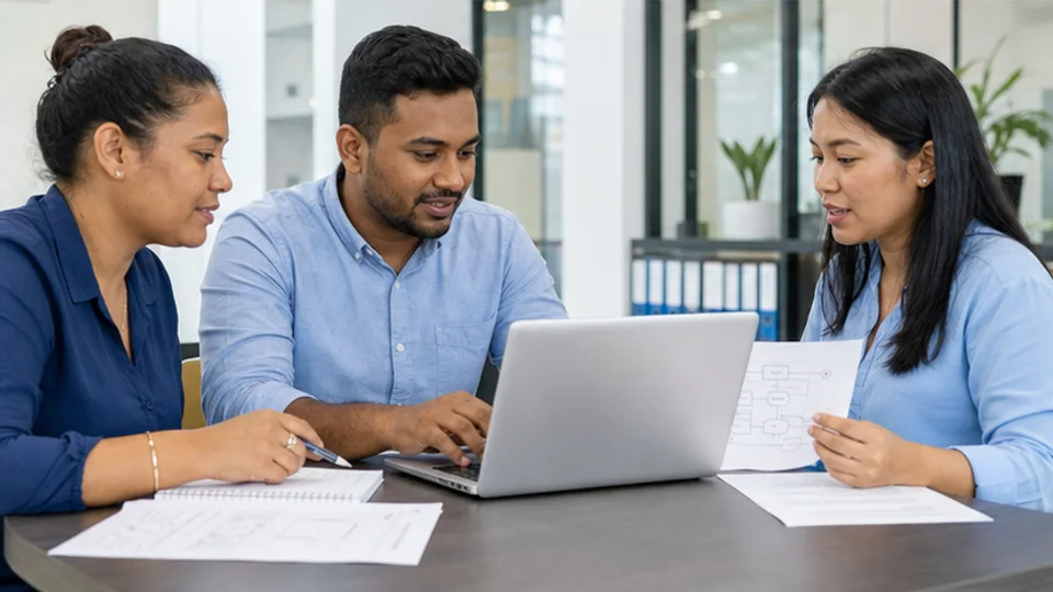 Collega’s oefenen samen een digitaal werkproces en bespreken hoe zij het in hun team toepassen.