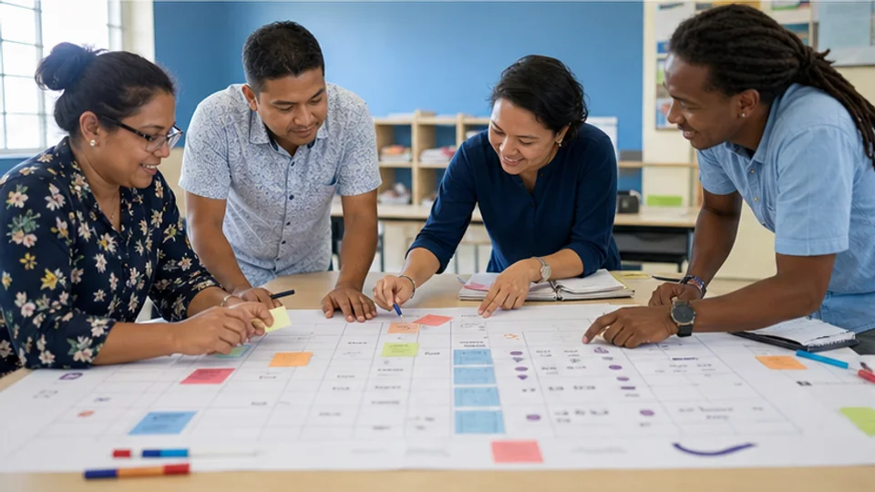 Een schoolteam analyseert een nulmeting en bouwt op een groot vel een haalbare leerlijn.