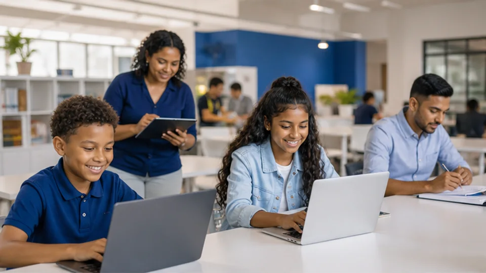 Deelnemers van verschillende leeftijden werken met begeleiding aan digitale vaardigheden.