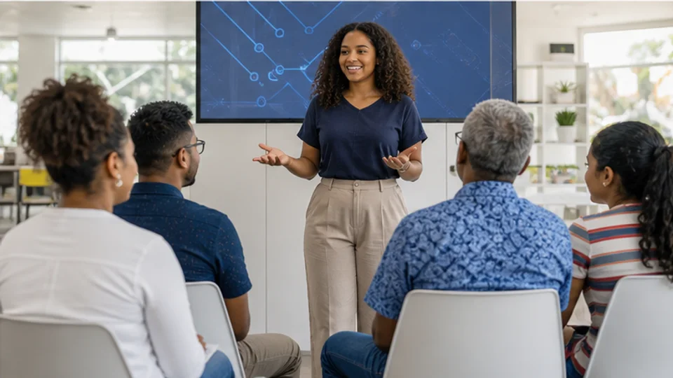 Een cursist presenteert digitaal werk en ontvangt feedback van de groep.