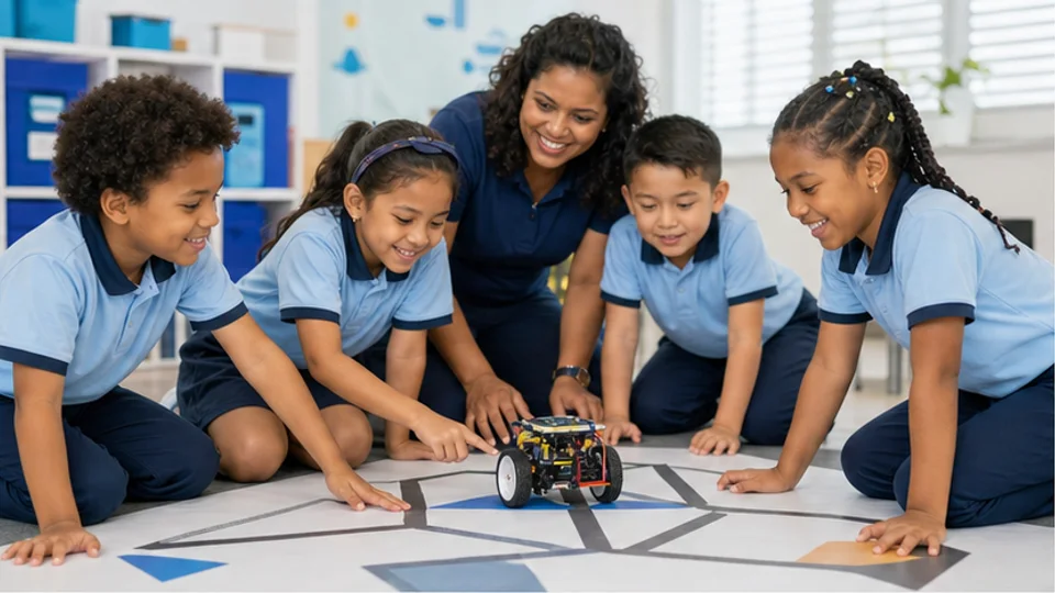 Surinaamse basisschoolleerlingen programmeren in een heldere klas een kleine robot met hun leerkracht.