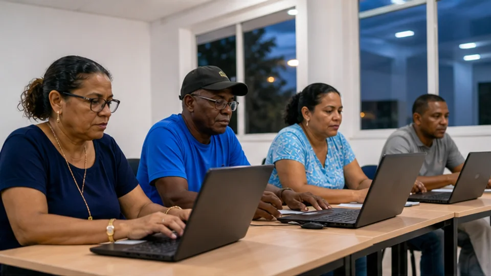 Volwassen deelnemers oefenen tijdens een begeleide avondles met computer en e-mail.