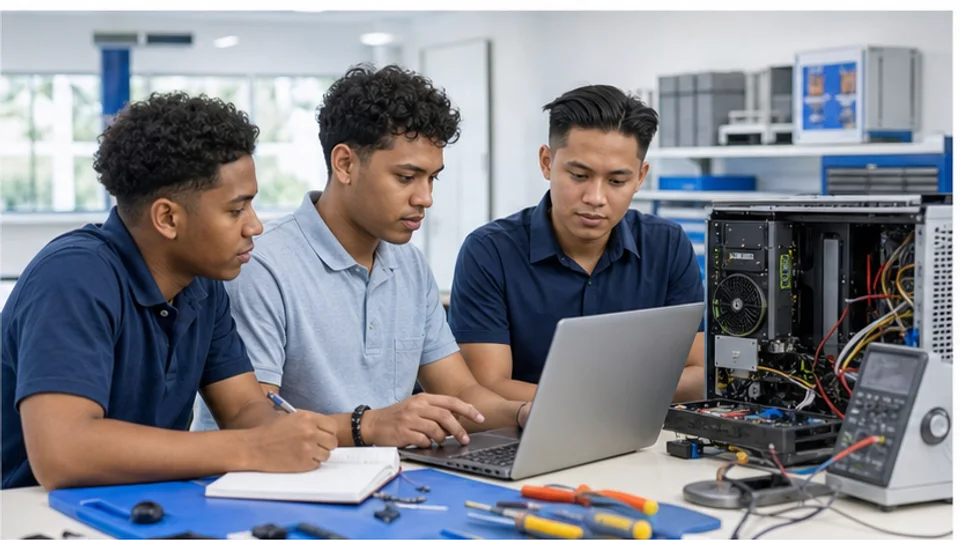 ICT-supportmedewerker controleert apparatuur en een technische werkplek.